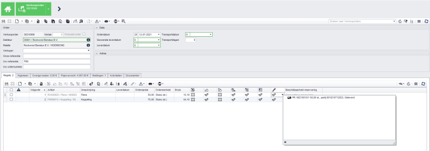 De linkknop Voorzien met in een verkooporderregel