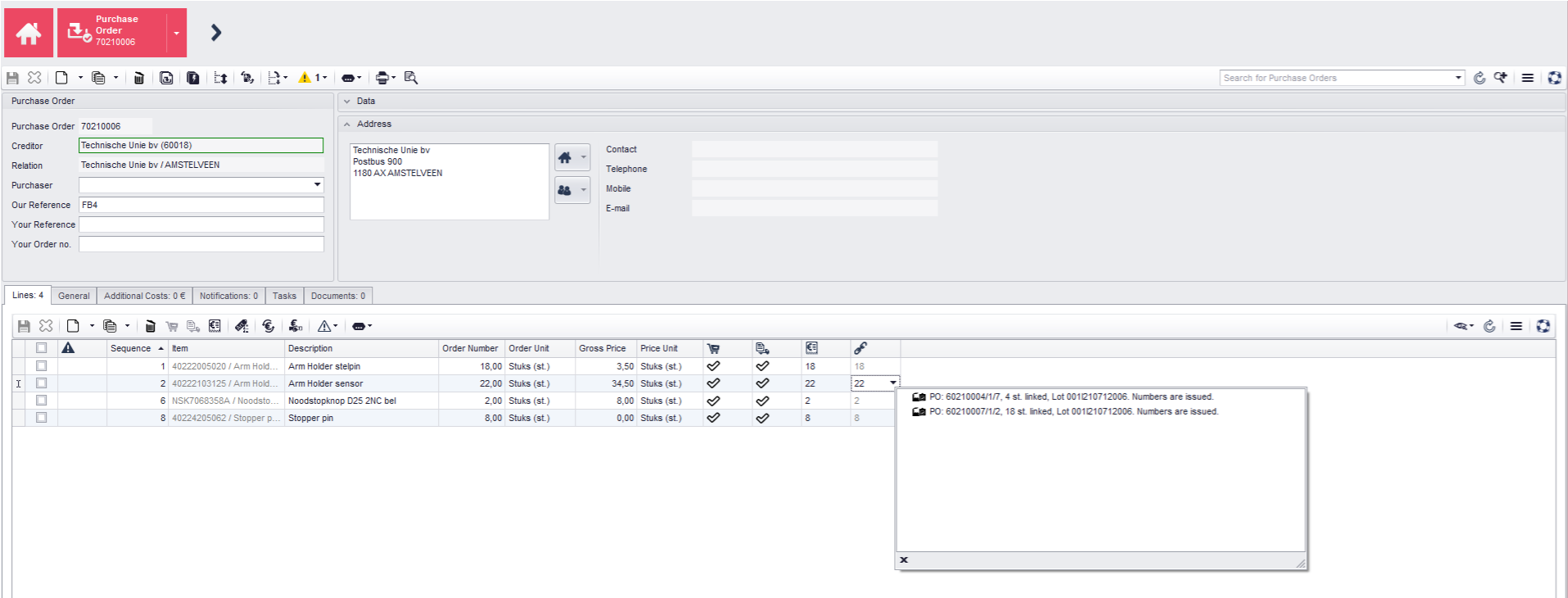 The Destined to link button in a purchase order line