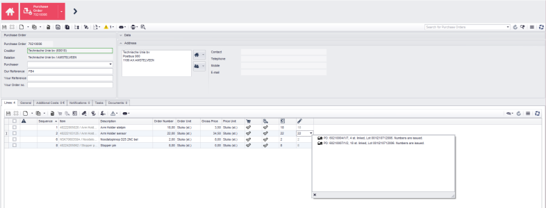 The Destined to link button in a purchase order line