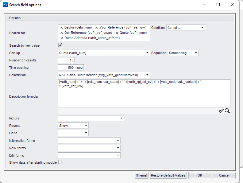 Search field options on the module home page