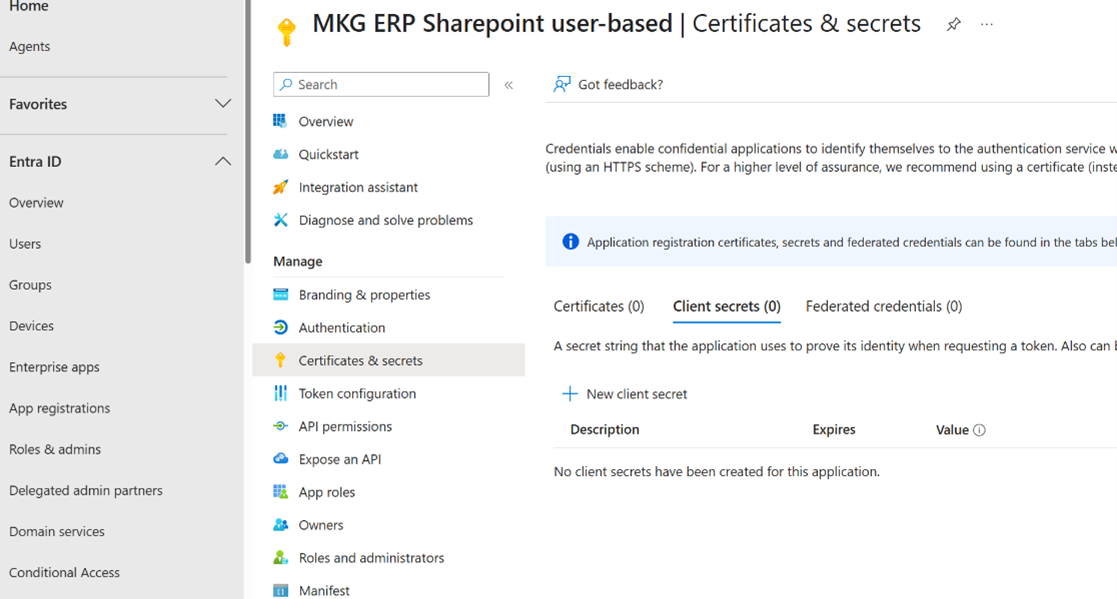 SharePoint Certificates & Secrets