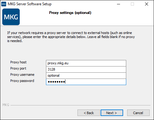 MKG Installatiewizard: Proxy settings