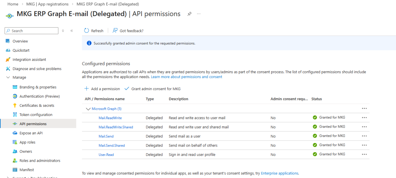 Graph Mail API permissions